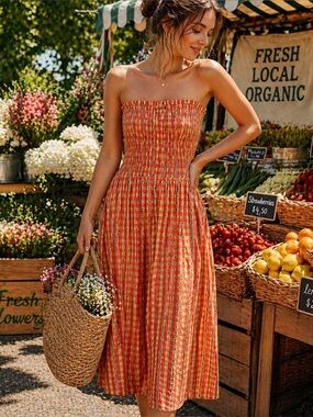 Damson Madder Cotton Smocked Midi Dress Size 10 NWOT Gingham Floral Cottagecore